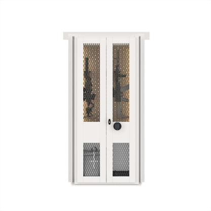 Murphy Door® secure gun cabinet with white double doors, lattice windows, digital keypad lock and reinforced storage for firearms.