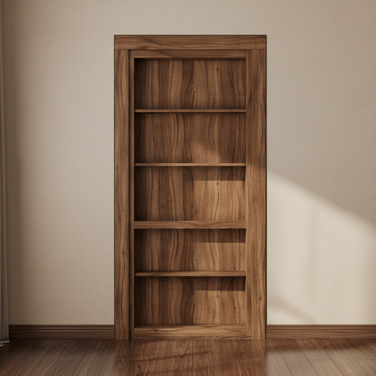 Murphy Door® Matching Inset Bookcase (Single), a rich wood, multi-shelf unit flush with a beige wall.