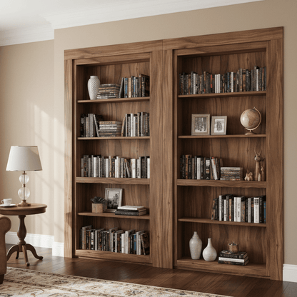 Murphy Door® Matching Inset Double Bookcase: built-in traditional dark wood bookcases with books & decor.