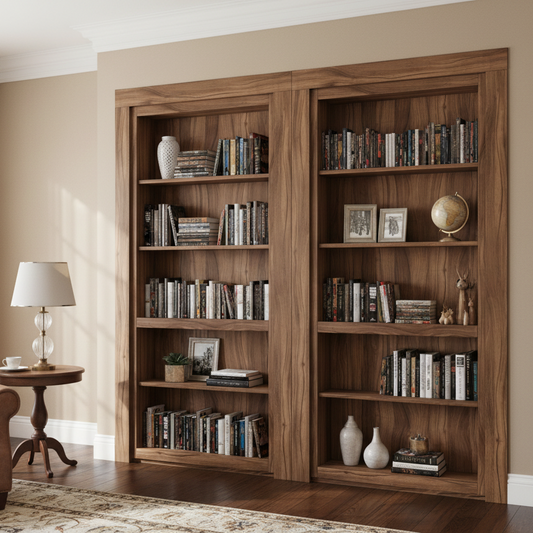 Murphy Door® Matching Inset Double Bookcase: built-in traditional dark wood bookcases with books & decor.