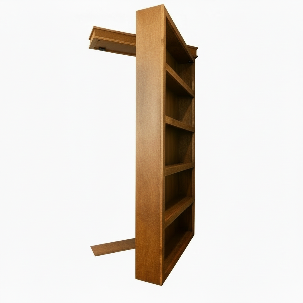 Murphy Door® wooden bookshelf door in light oak finish with five shelves, designed as hidden door solution.