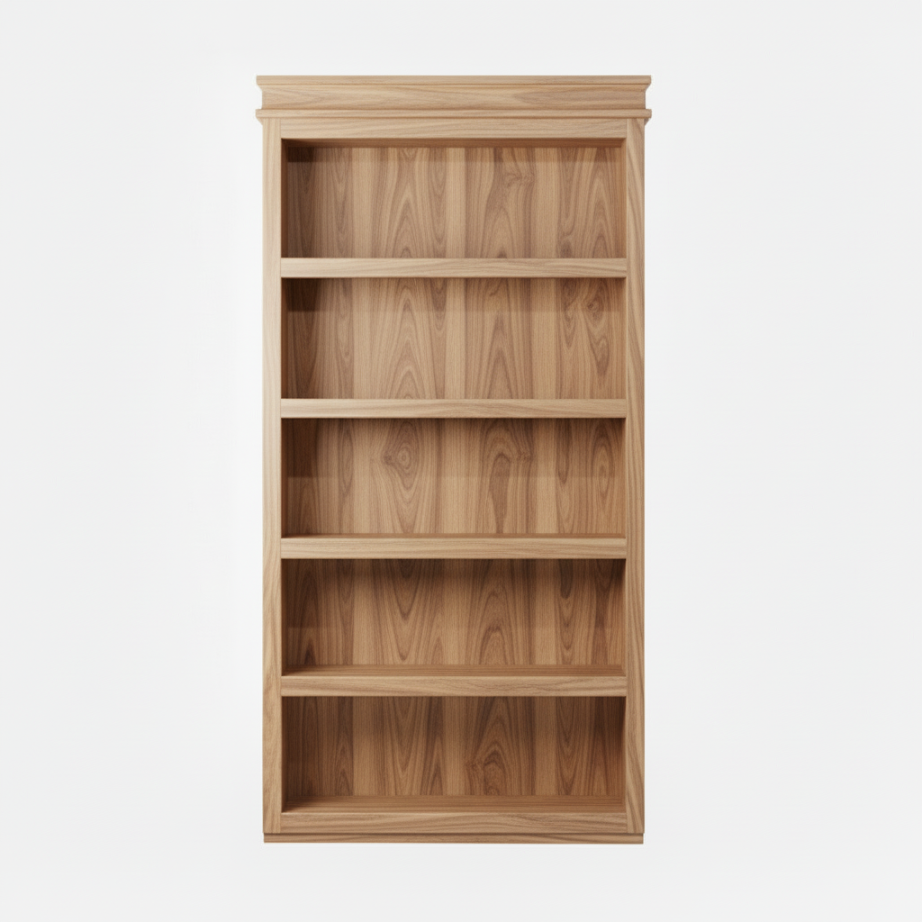 Murphy Door® light oak wooden bookcase with five shelves, featuring natural wood grain and traditional crown molding design.