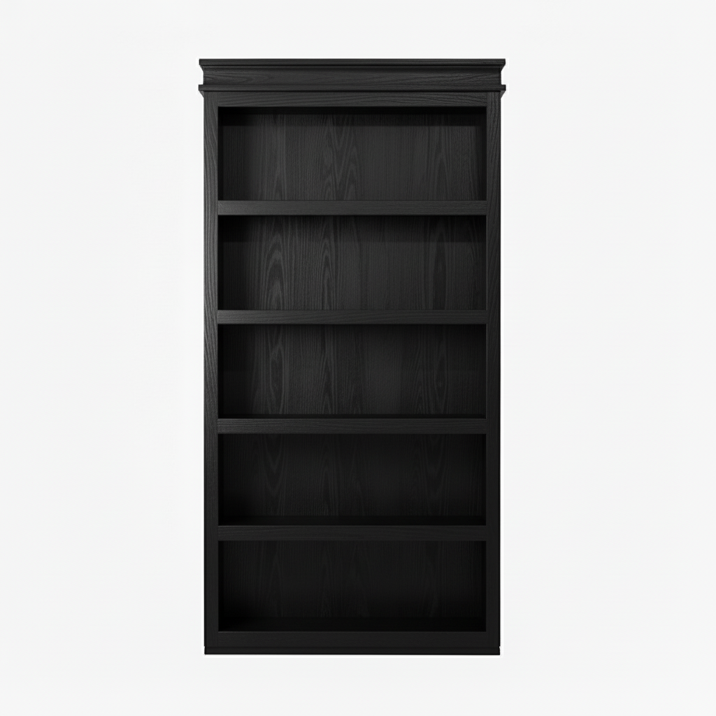 Murphy Door® black wooden bookcase with five open shelves, featuring traditional styling and wood grain finish.