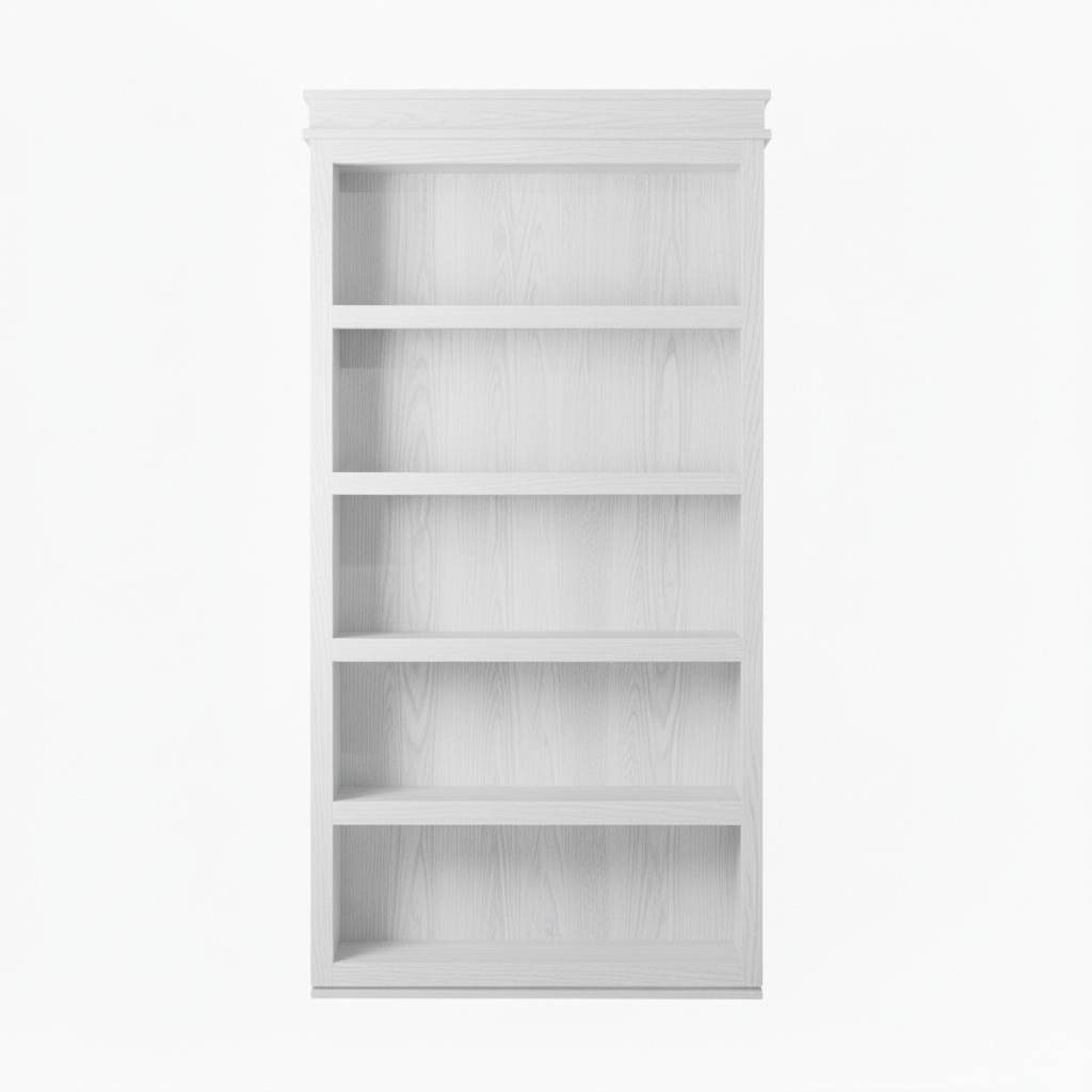 Murphy Door® white wooden bookcase with five empty shelves, featuring classic crown molding and wood grain finish.