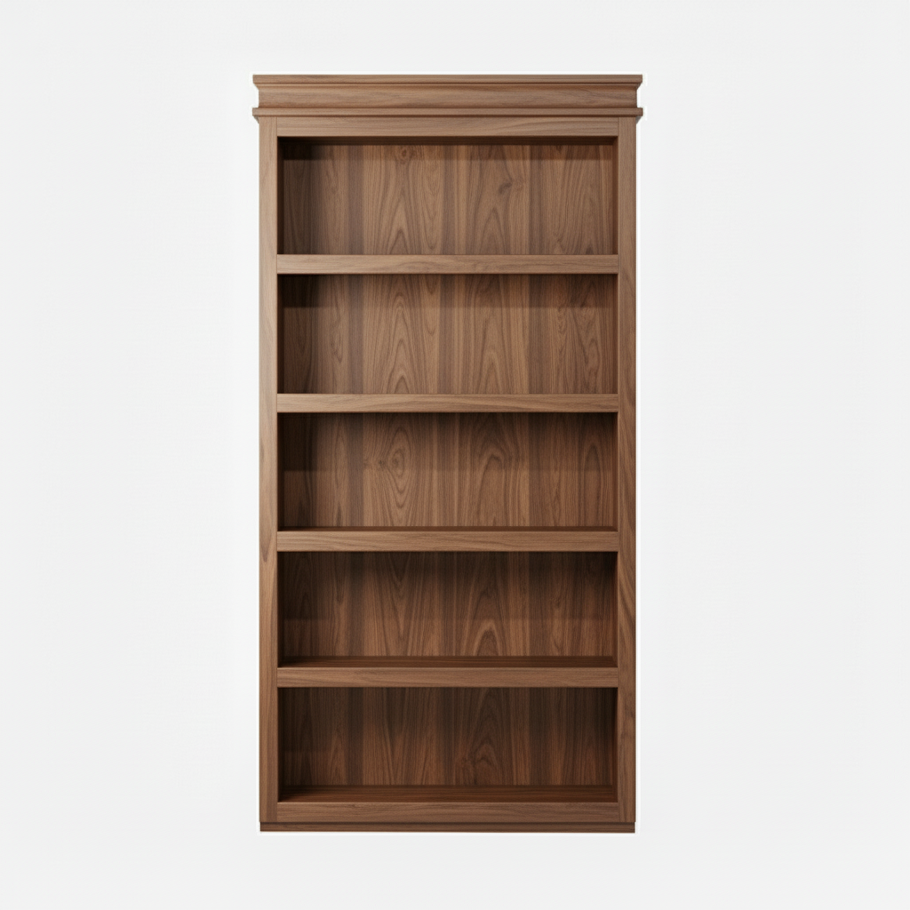 Murphy Door® walnut wood bookcase with five open shelves, featuring classic design and rich wood grain pattern.