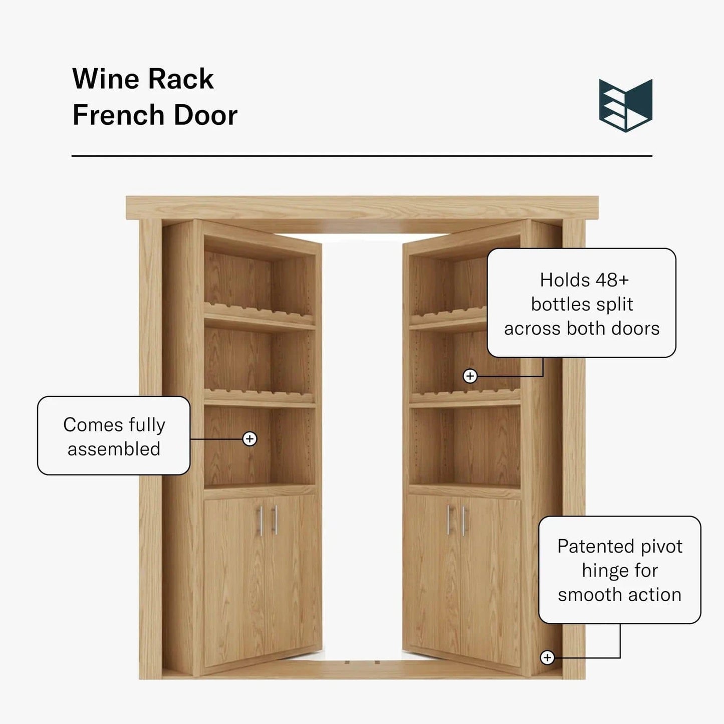 Murphy Door® Wine Rack French Door, light wood, fully assembled, holds 48+ beverage bottles, patented pivot hinge.