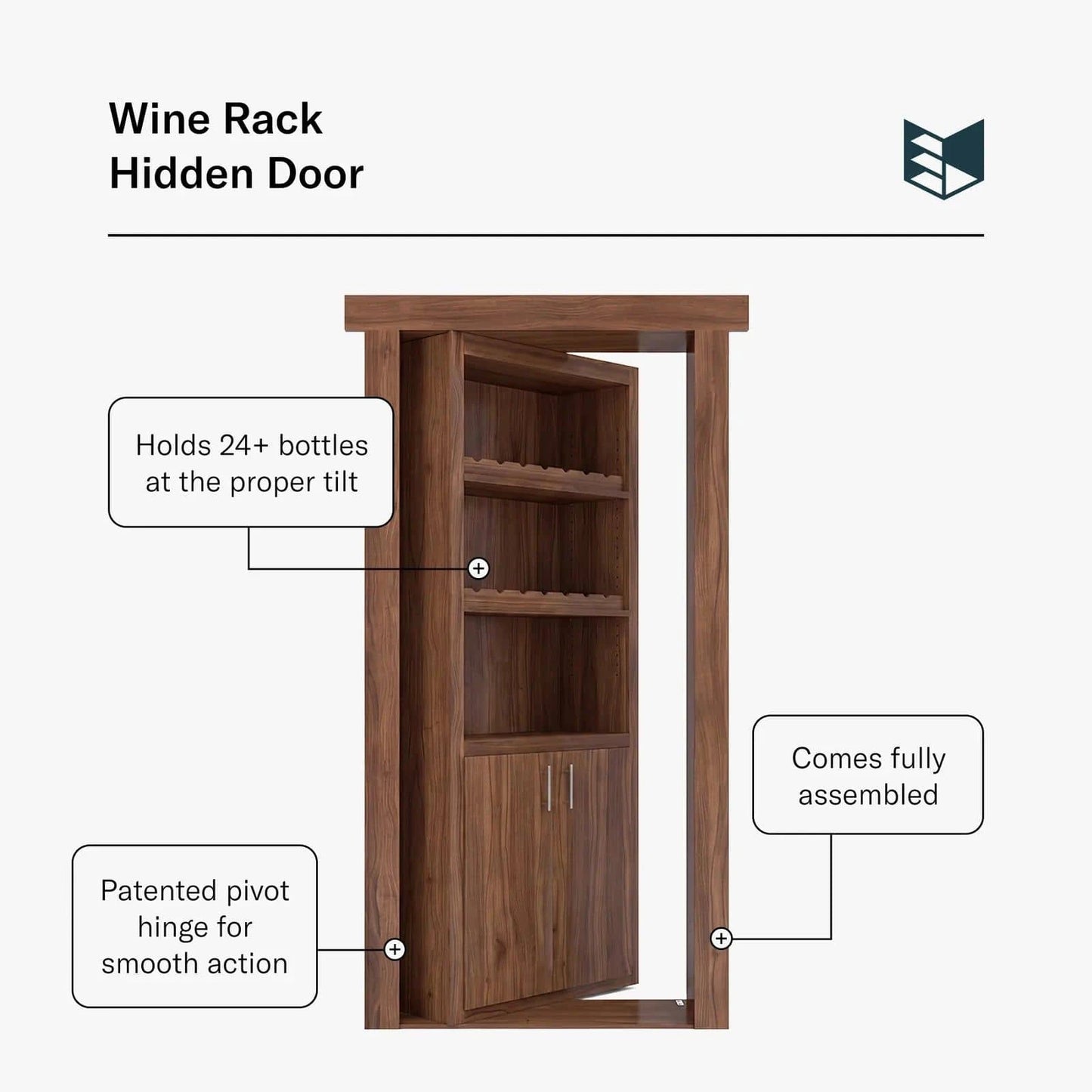 Murphy Door® Wine Rack Hidden Door: Assembled, wooden beverage door with 24+ bottle capacity & patented pivot hinge.