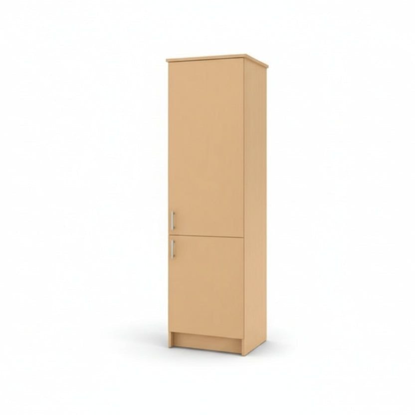 Murphy Door® Right Vertical Bed Cabinet: a tall, light brown, two-door cabinet with silver handles.