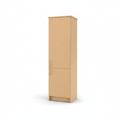 Murphy Door® Right Vertical Bed Cabinet: a tall, light brown, two-door cabinet with silver handles.