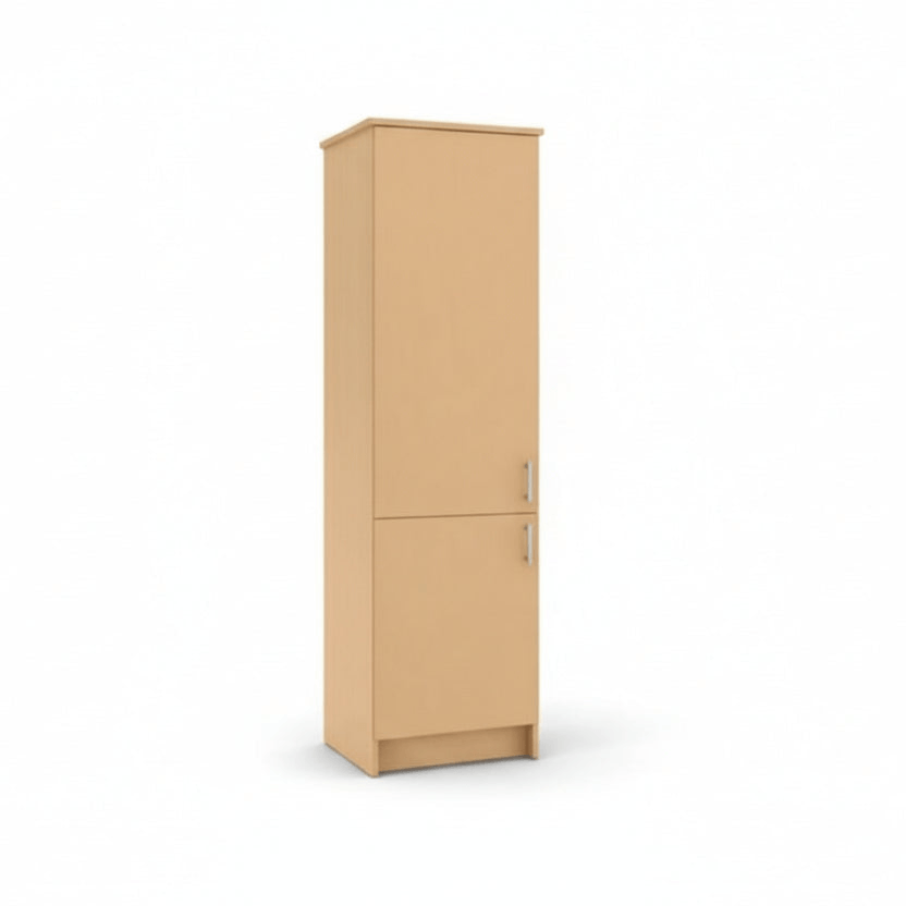 Murphy Door® Left Vertical Bed Cabinet, a tall, light wood storage cabinet with two doors & silver handles.