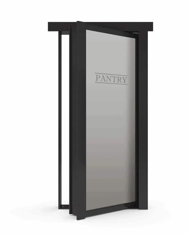 Murphy Door® black-framed pantry door with frosted glass panel etched with "PANTRY" text, shown partially open.
