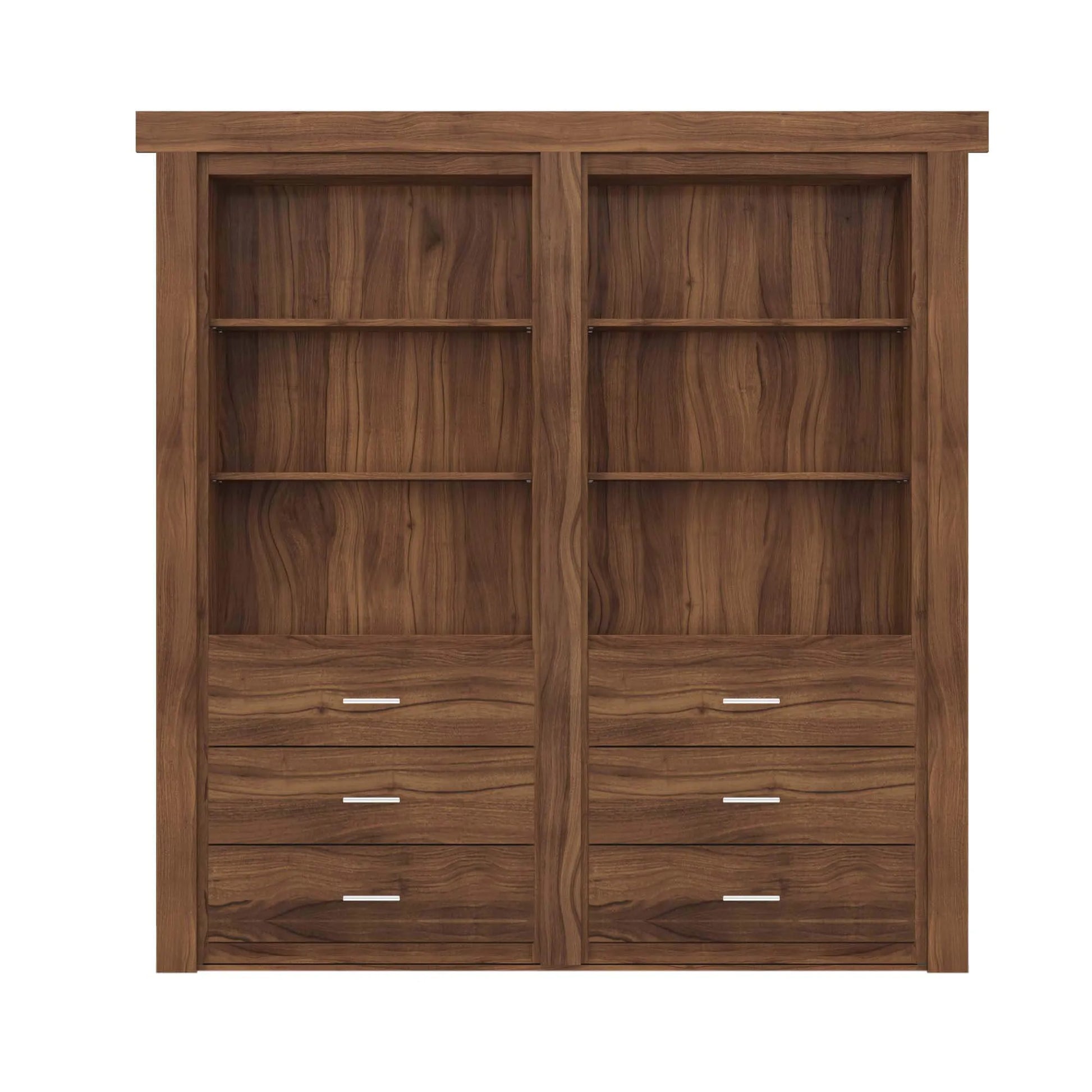 Murphy Door® wooden bookcase with walnut finish featuring 6 shelves and 6 drawers with silver handles, designed as a hidden door solution.