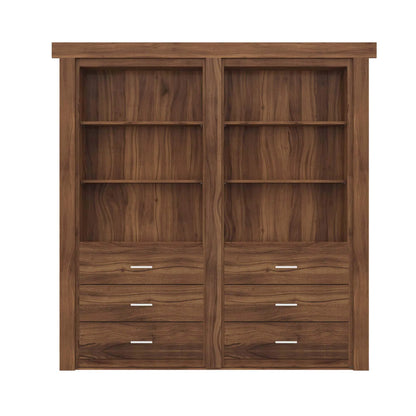 Murphy Door® wooden bookcase with walnut finish featuring 6 shelves and 6 drawers with silver handles, designed as a hidden door solution.