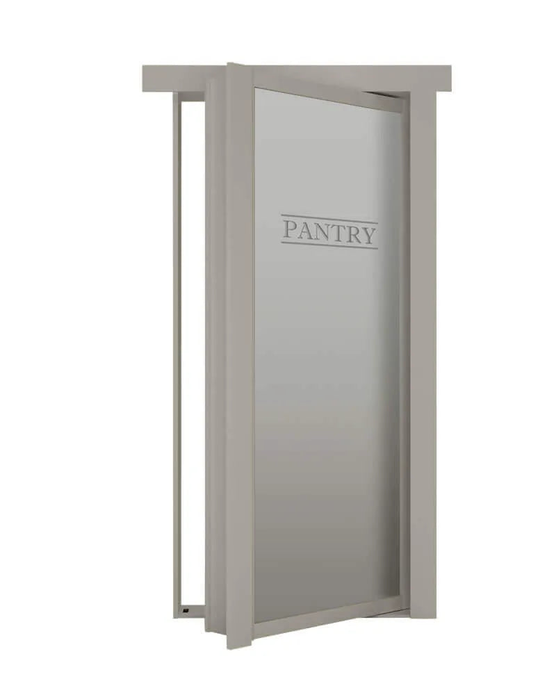 Murphy Door® pantry door in light gray with frosted glass panel featuring "PANTRY" text, shown slightly ajar.