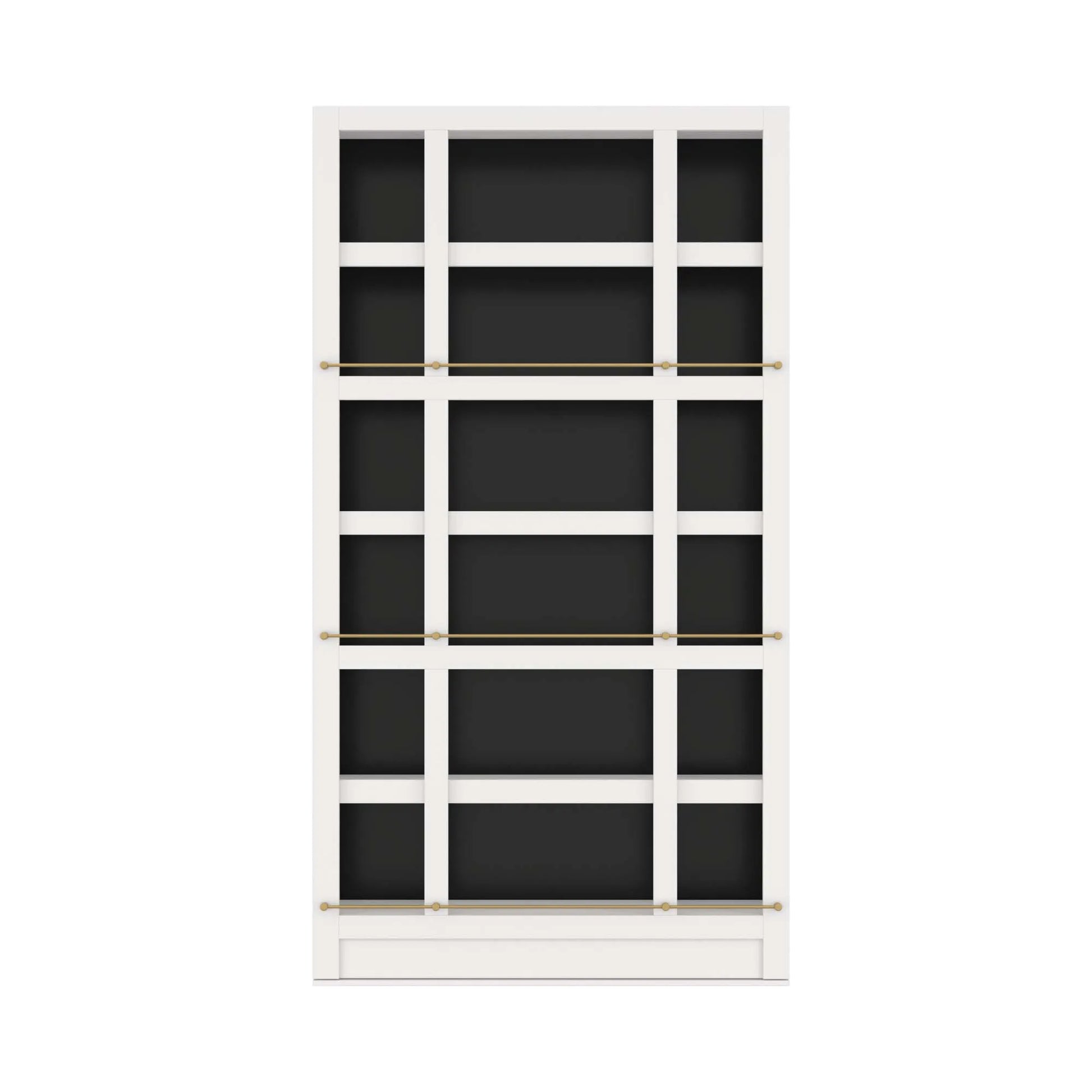 Murphy Door® white bookcase hidden door with grid design, black backing, and brass hardware rails for concealed storage solution.