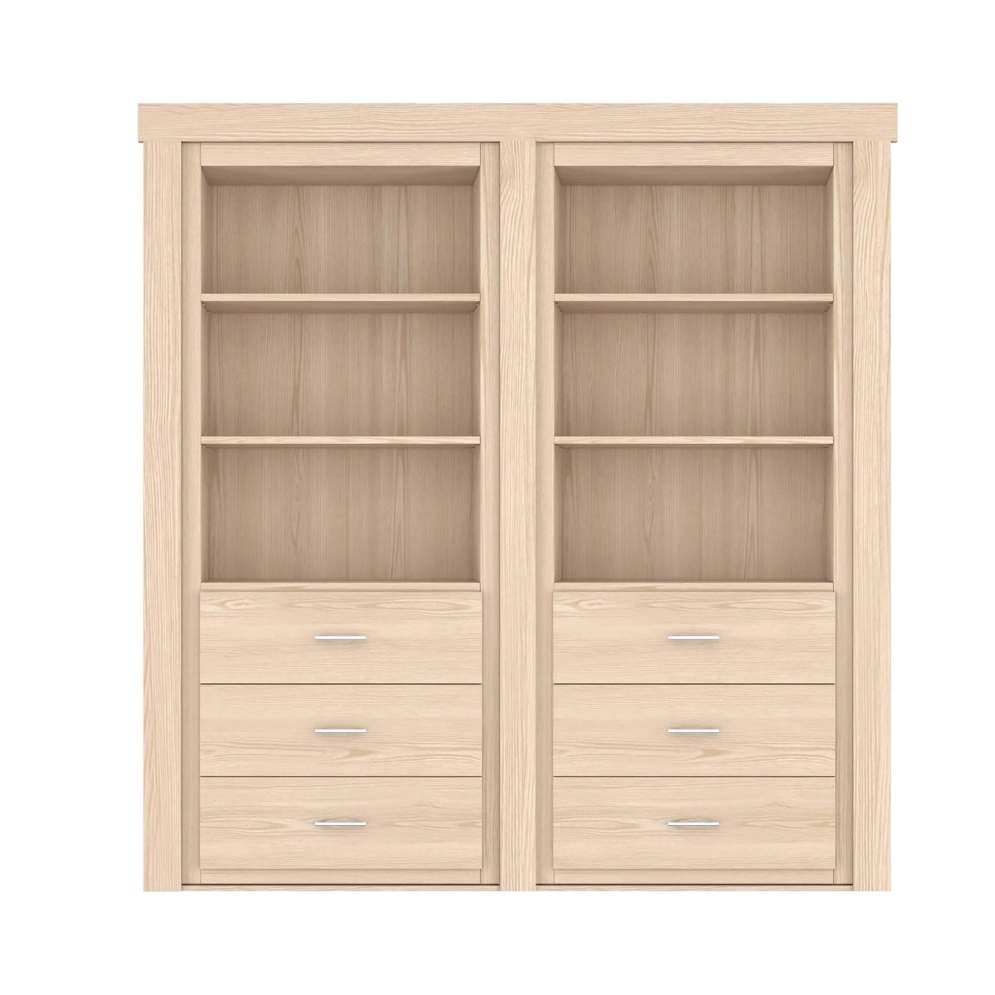 Murphy Door® light oak bookcase with three shelves and three drawers in each unit, featuring clean modern hardware.