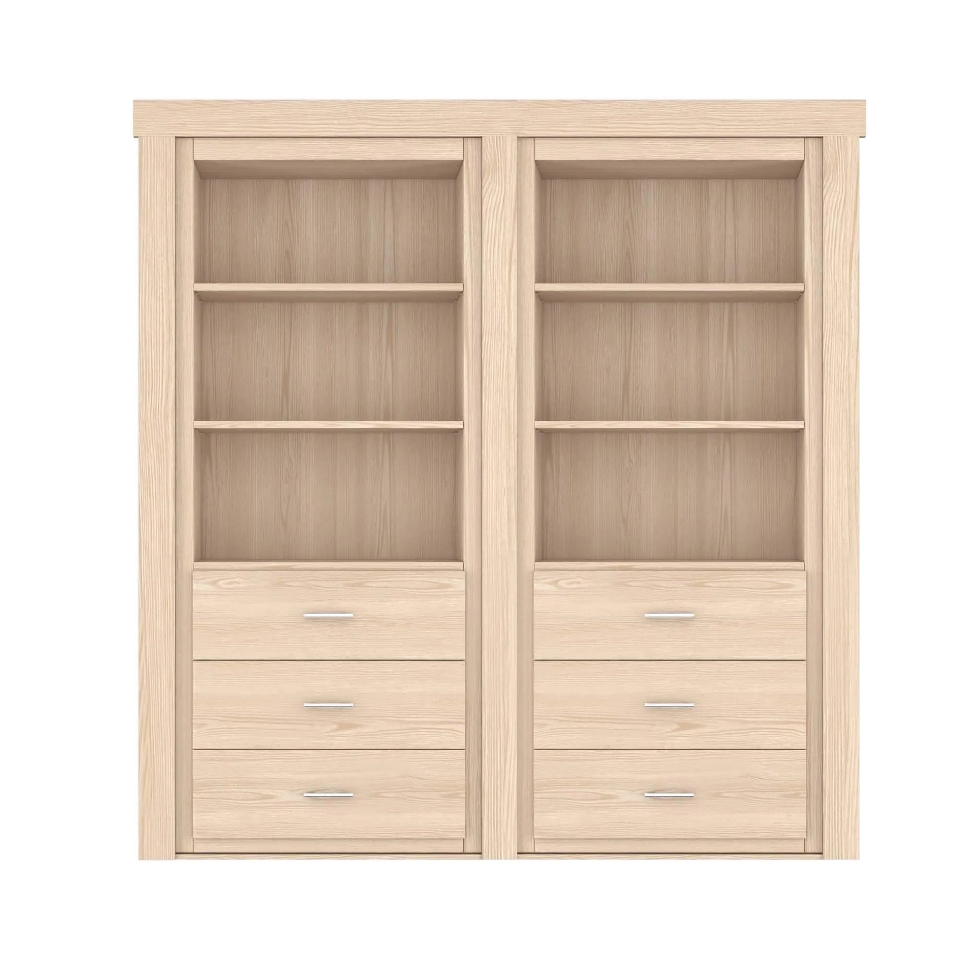 Murphy Door® light oak bookcase with three shelves and three drawers in each unit, featuring clean modern hardware.