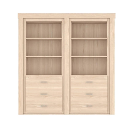 Murphy Door® light oak bookcase with three shelves and three drawers in each unit, featuring clean modern hardware.