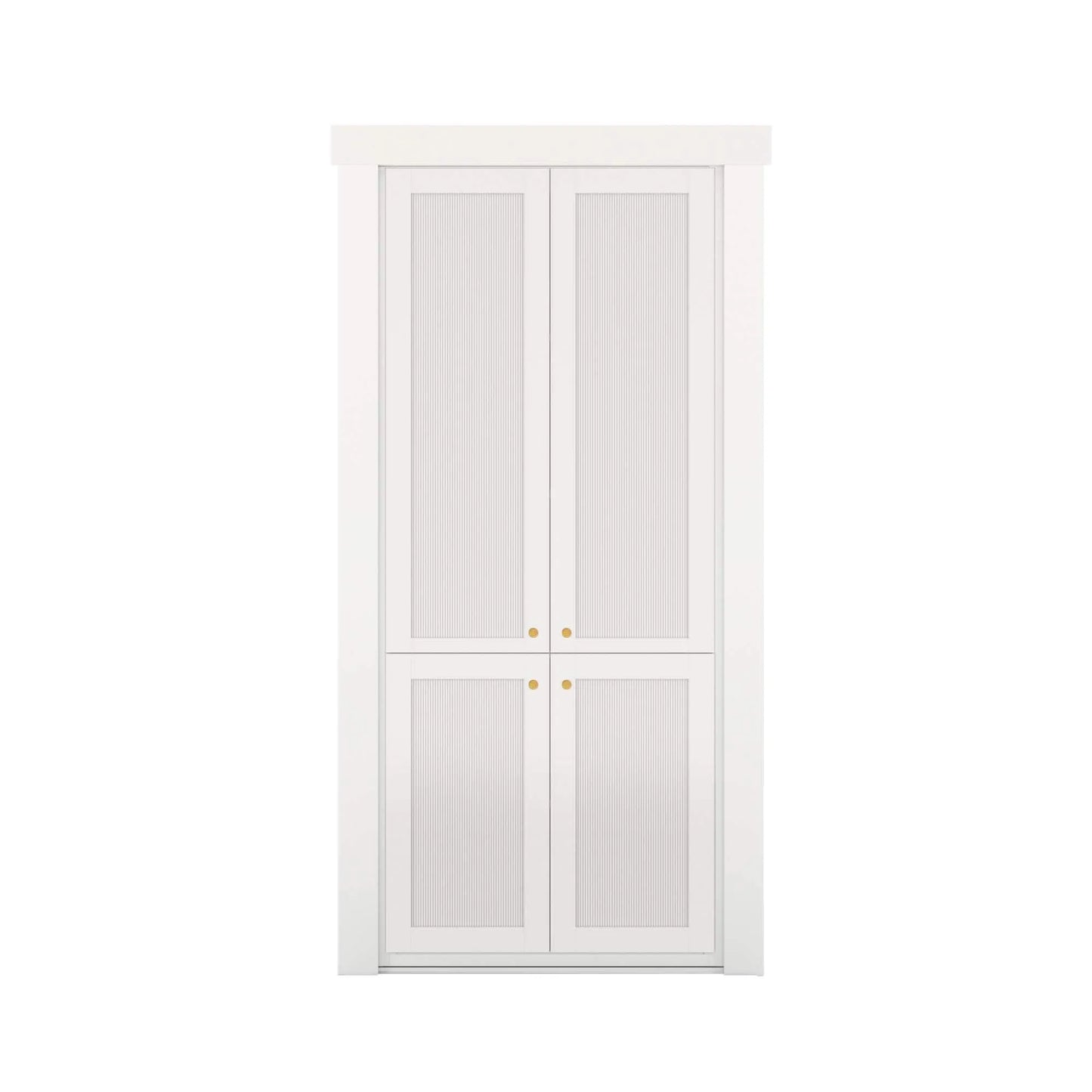 Murphy Door® white bi-fold cabinet door with textured panels and gold knobs, offering hidden storage with elegant design.