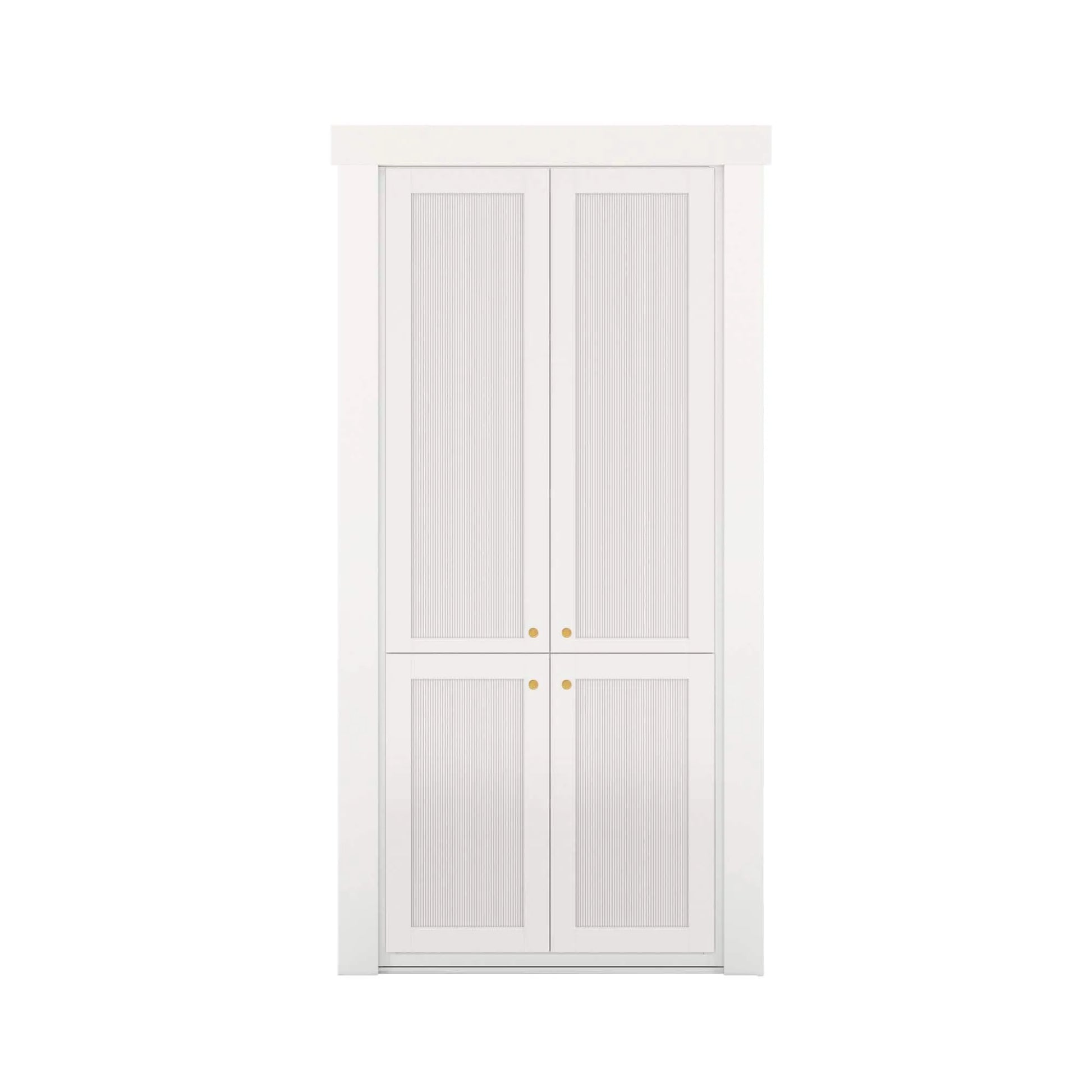 Murphy Door® white bi-fold cabinet door with textured panels and gold knobs, offering hidden storage with elegant design.