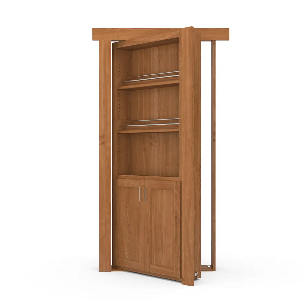 Murphy Door® wooden bookcase hidden door featuring honey oak finish with three display shelves and bottom cabinet storage.