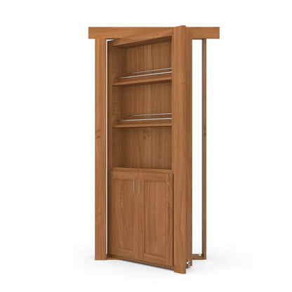 Murphy Door® wooden bookcase hidden door featuring honey oak finish with three display shelves and bottom cabinet storage.
