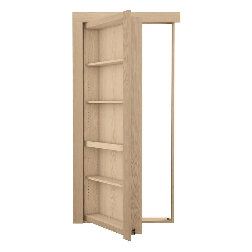 Murphy Door® hidden bookcase door in light oak finish with adjustable shelves, shown partially open to reveal doorway.