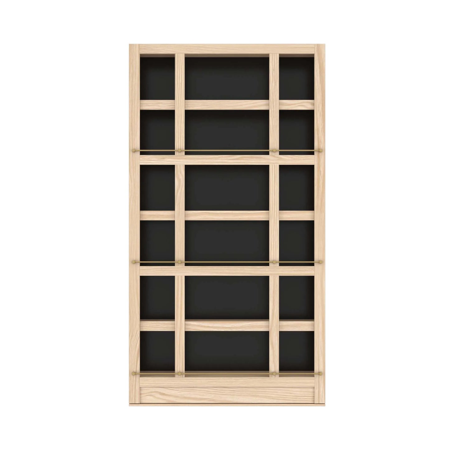 Murphy Door® wooden bookcase with light pine frame, grid-style shelving, and black backing, designed as a customizable hidden door solution.