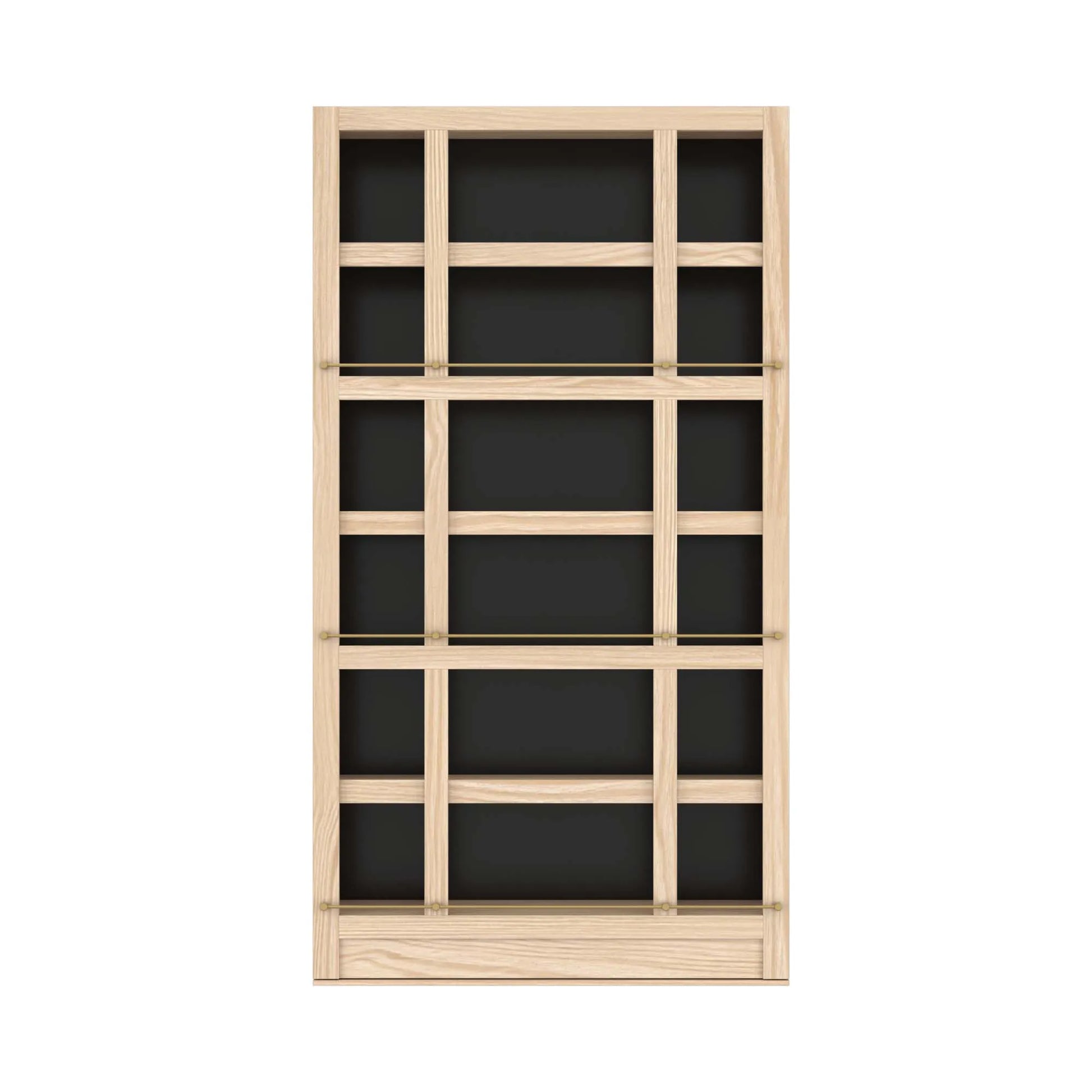 Murphy Door® wooden bookcase with light pine frame, grid-style shelving, and black backing, designed as a customizable hidden door solution.