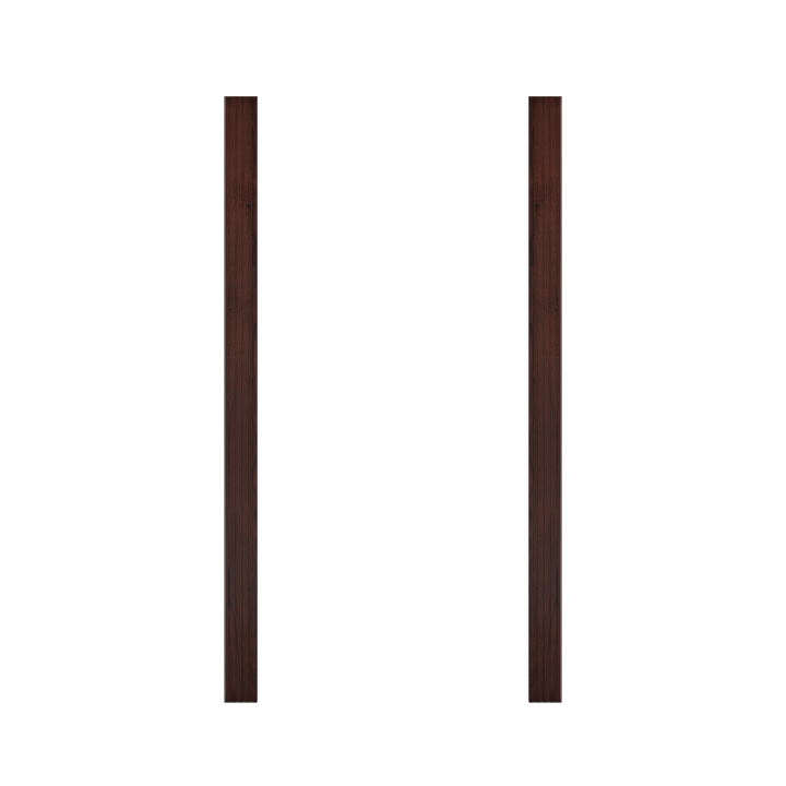 Two vertical dark brown wooden trim pieces from Murphy Door®, used for hidden door installations.