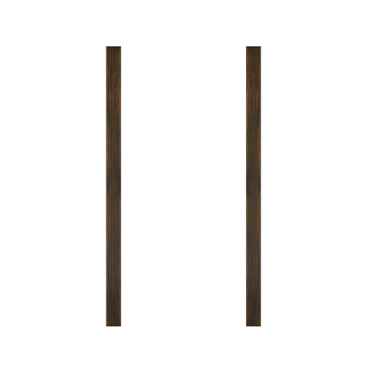 Two vertical dark brown wooden trim pieces for Murphy Door® hidden door installations.