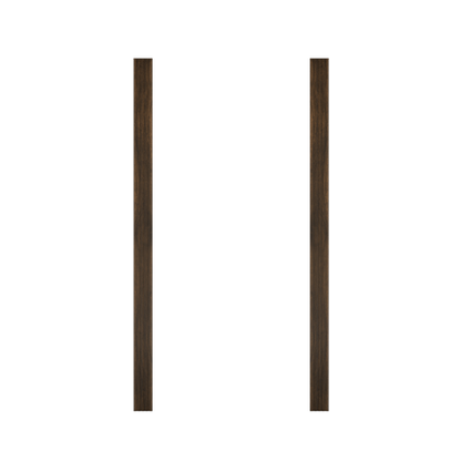 Two vertical dark brown wooden trim pieces for Murphy Door® hidden door installations.