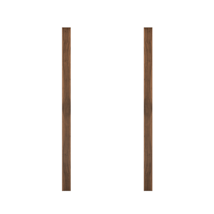 Two tall, slender wooden trim pieces in walnut finish from Murphy Door® for hidden door installations.