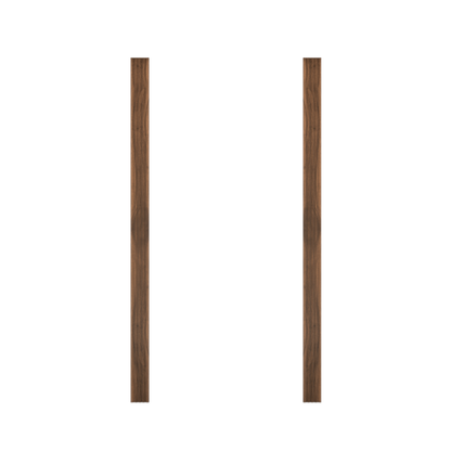 Two tall, slender wooden trim pieces in walnut finish from Murphy Door® for hidden door installations.