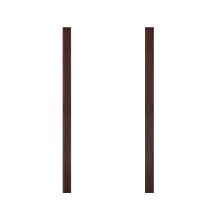 Two vertical dark brown wooden trim pieces from Murphy Door®, used in hidden door installations.