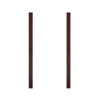 Two vertical dark brown wooden trim pieces from Murphy Door®, used in hidden door installations.