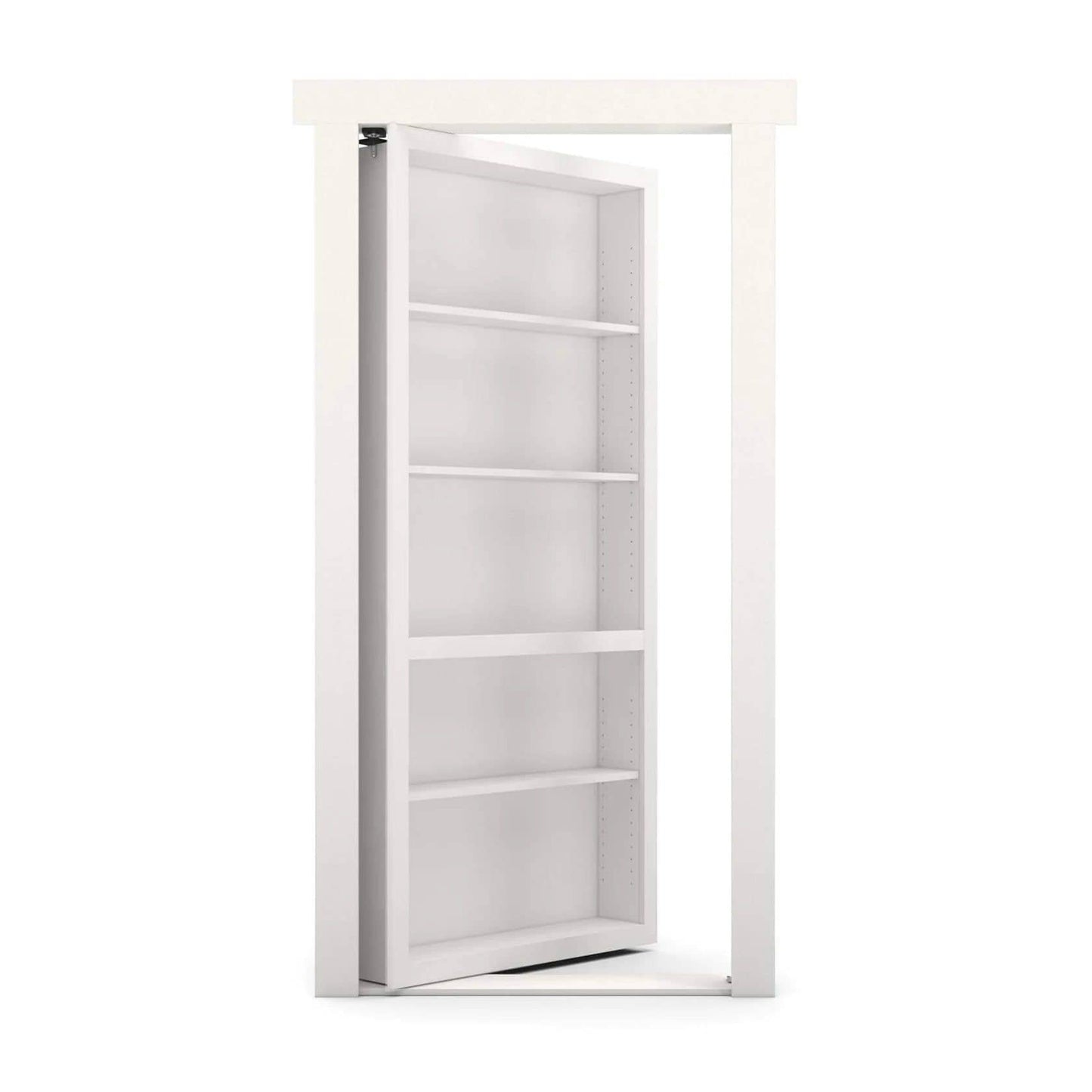 Murphy Door® white hidden bookcase door, partially open, revealing adjustable shelves and doorway frame.