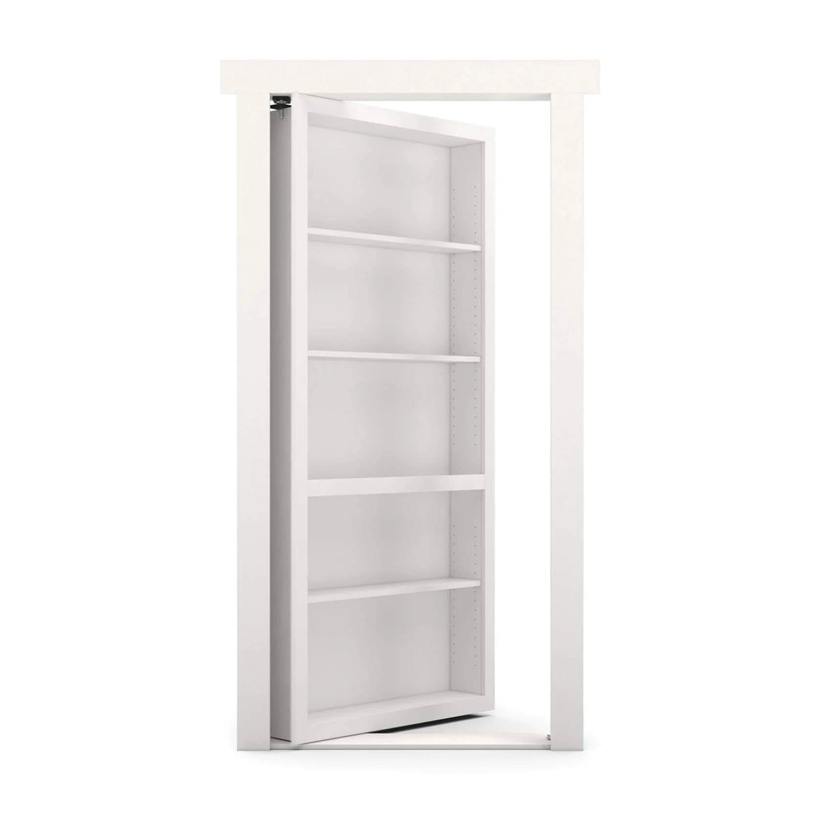 Murphy Door® white hidden bookcase door, partially open, revealing adjustable shelves and doorway frame.