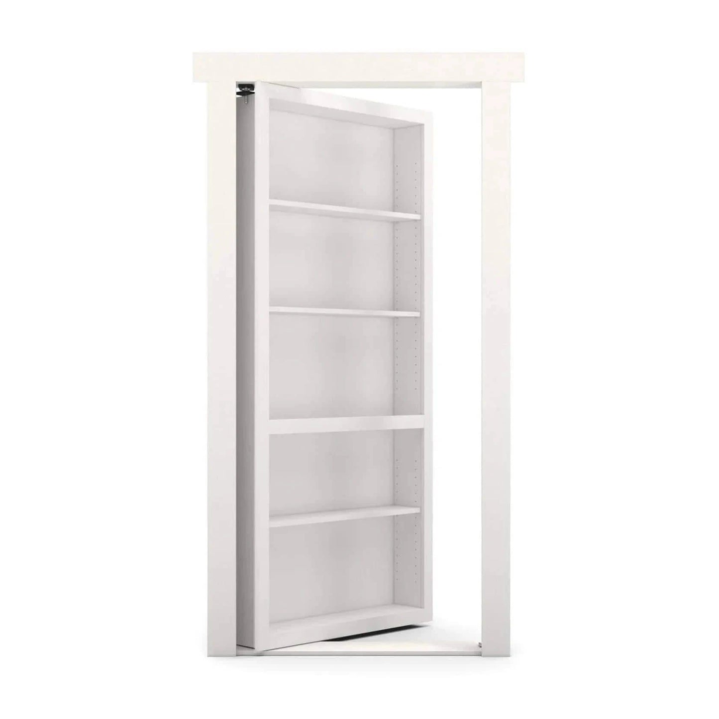 White Murphy Door® hidden bookcase door, partially open, with adjustable shelves, within a white frame.
