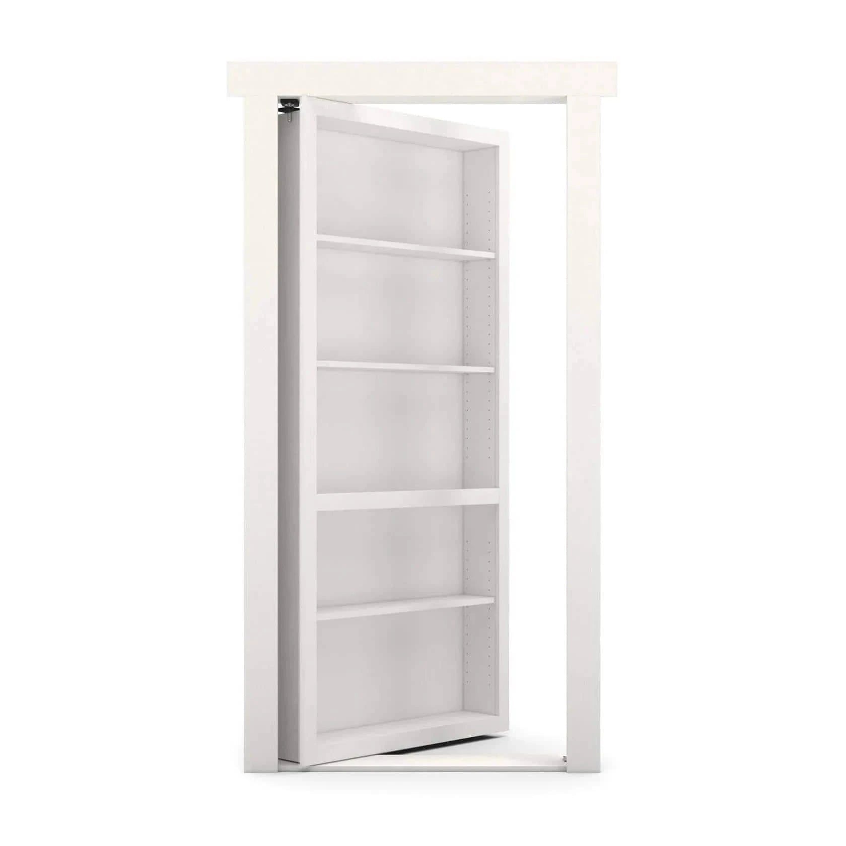 White Murphy Door® hidden bookcase door, partially open, with adjustable shelves, within a white frame.