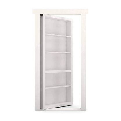 White Murphy Door® hidden bookcase door, partially open, with adjustable shelves, within a white frame.
