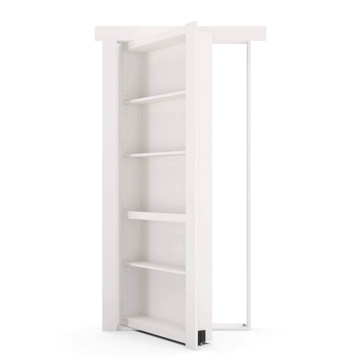 White Murphy Door® hidden bookcase door, open to reveal adjustable shelves within a door frame.