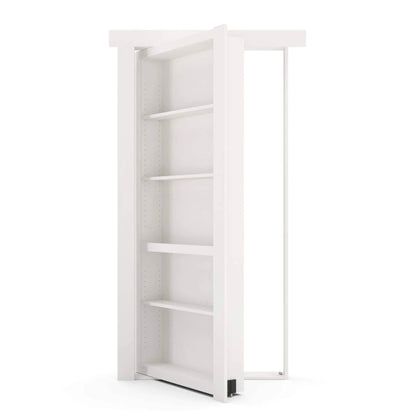 White Murphy Door® hidden bookcase door, open to reveal adjustable shelves within a door frame.