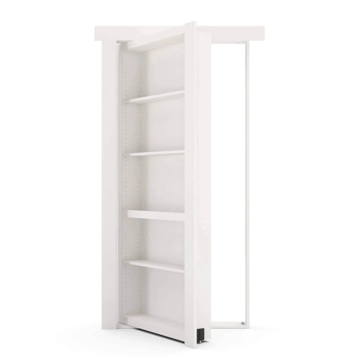 Open white Murphy Door® hidden bookcase door with adjustable shelves, revealing a doorway.