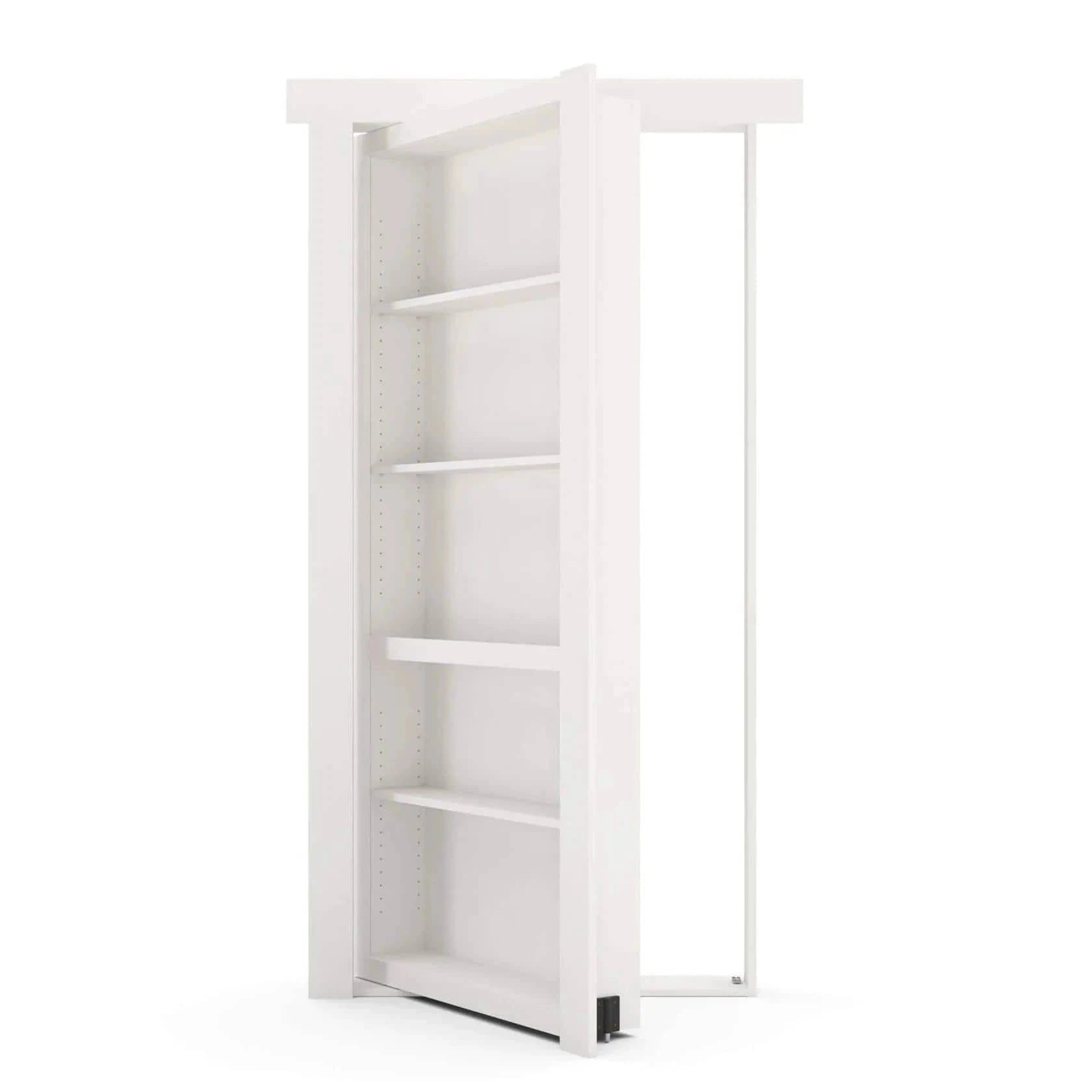 Open white Murphy Door® hidden bookcase door with adjustable shelves, revealing a doorway.
