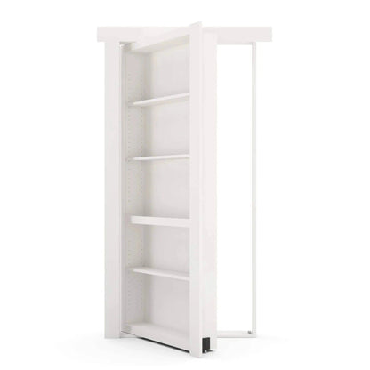 Open white Murphy Door® hidden bookcase door with adjustable shelves, revealing a doorway.