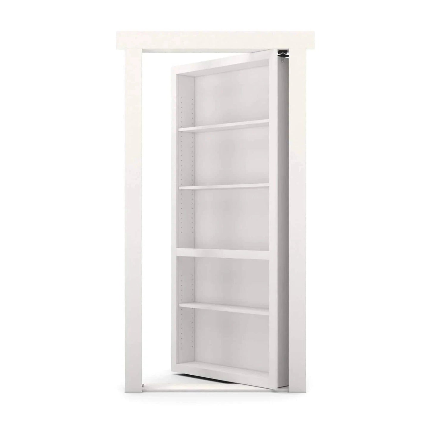 White Murphy Door® hidden bookcase, partially open, showing adjustable shelves.