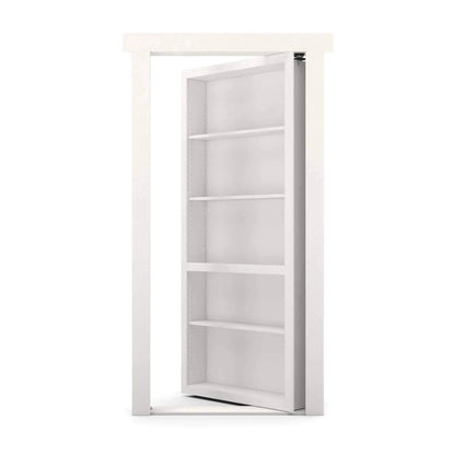 White Murphy Door® hidden bookcase, partially open, showing adjustable shelves.