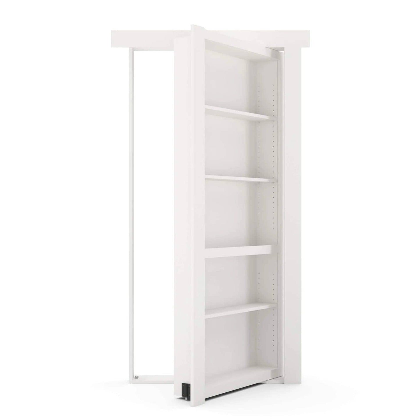 White Murphy Door® hidden bookcase door, partially open, revealing adjustable interior shelves.