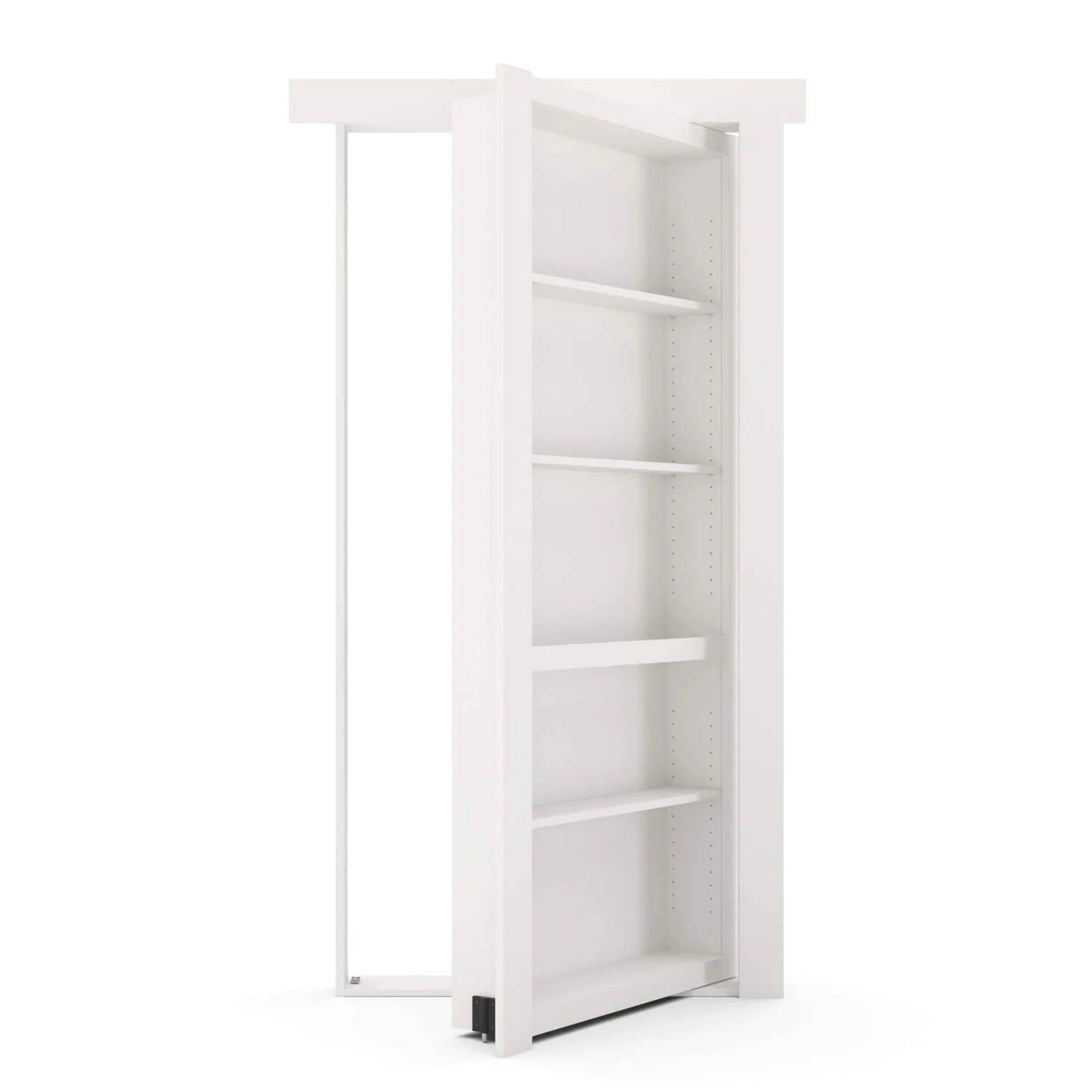 White Murphy Door® hidden bookcase door, partially open, revealing adjustable interior shelves.